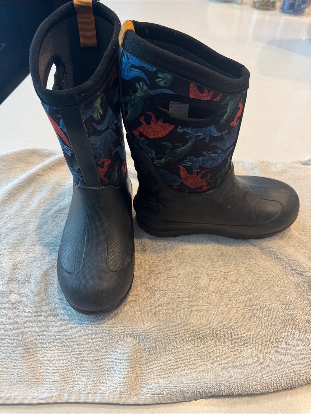 Bogs Kids Black Rain Boots with Red, Blue & Green Dinosaurs